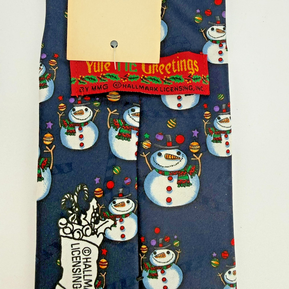 Vintage Hallmark Christmas Tie Snowman Holiday Necktie Blue 1990 Made USA NEW - Picture 6 of 11